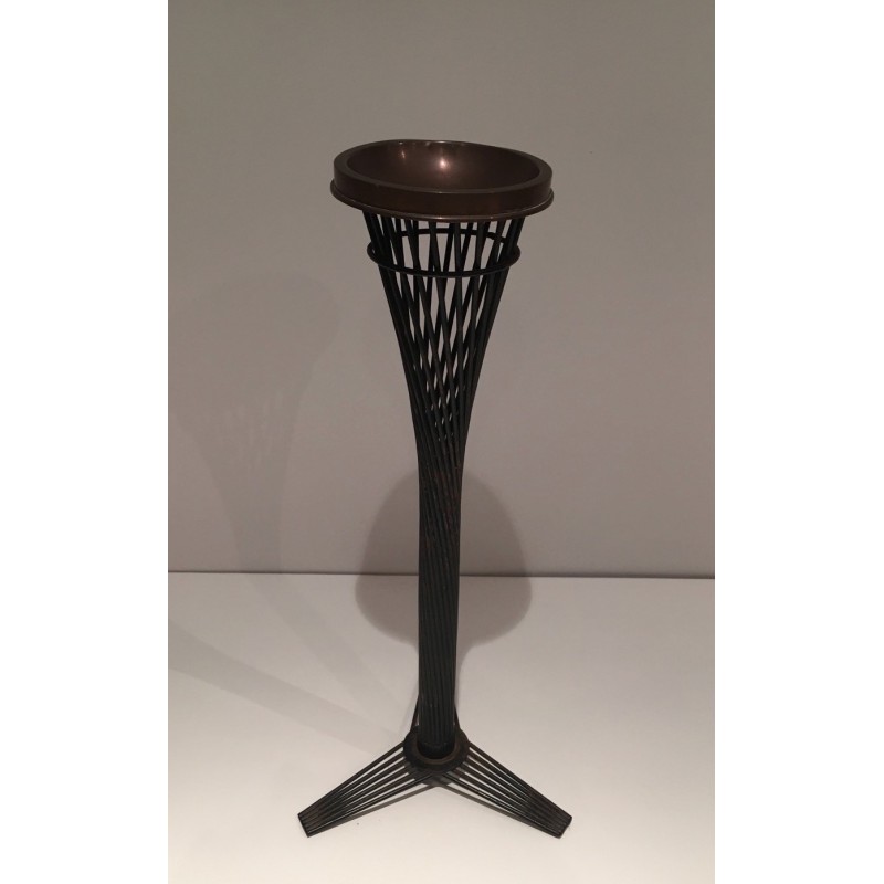 Vintage brass ashtray on black lacquered metal wire stand, 1950