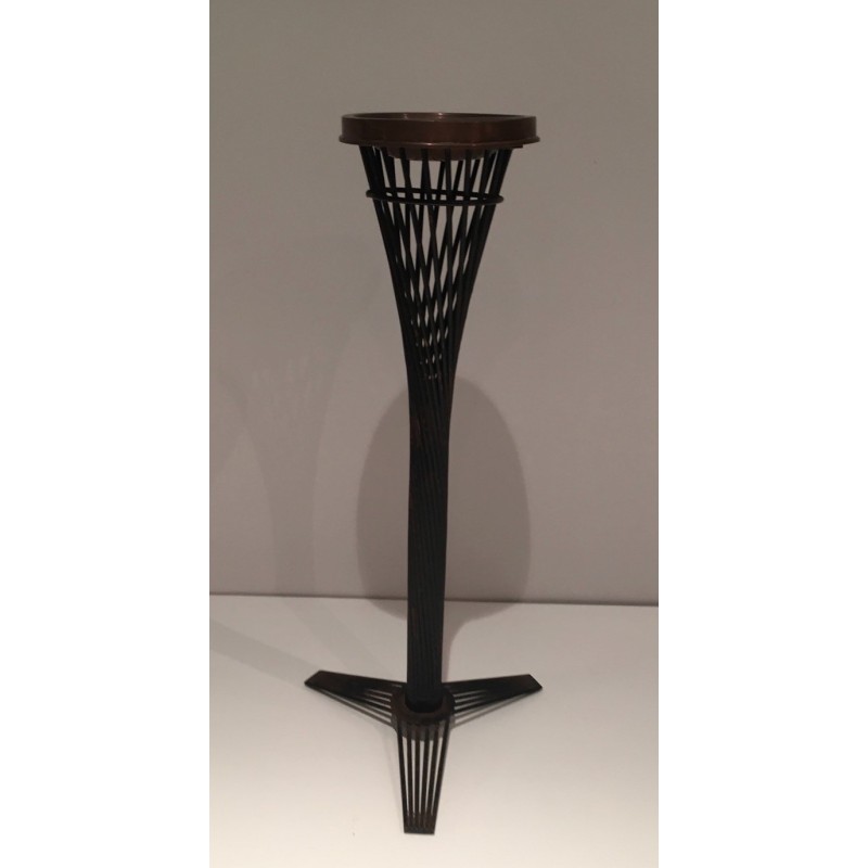 Vintage brass ashtray on black lacquered metal wire stand, 1950