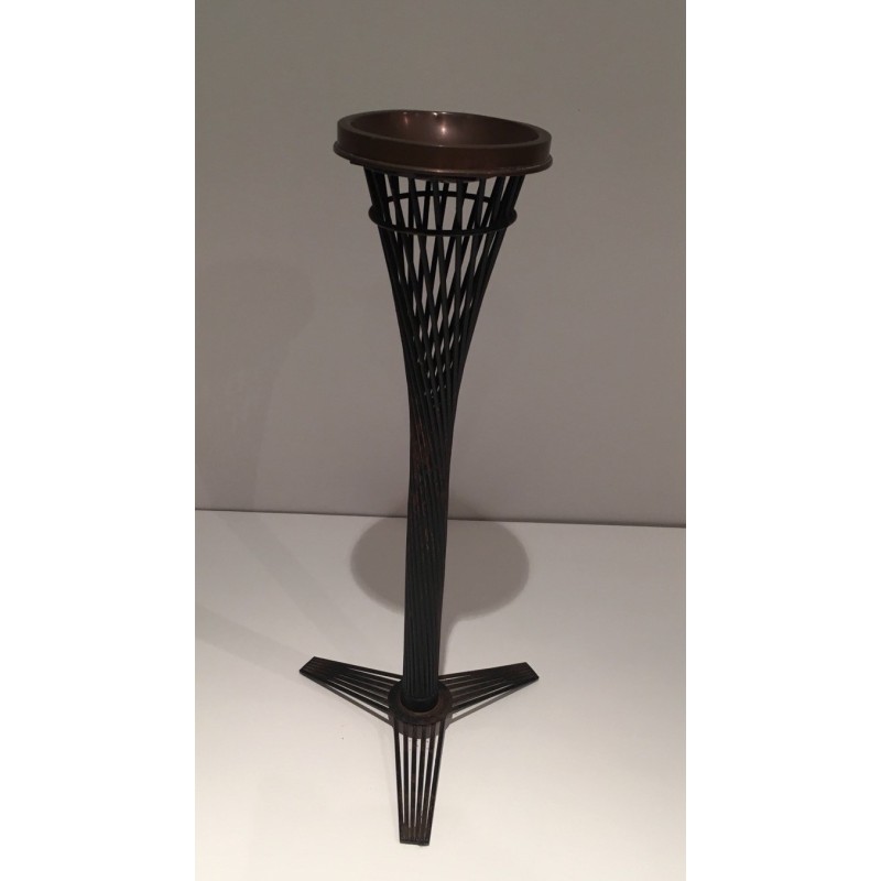 Vintage brass ashtray on black lacquered metal wire stand, 1950