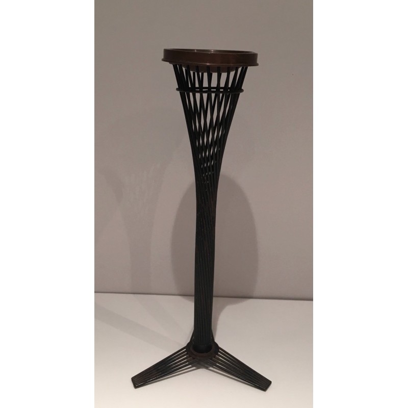 Vintage brass ashtray on black lacquered metal wire stand, 1950