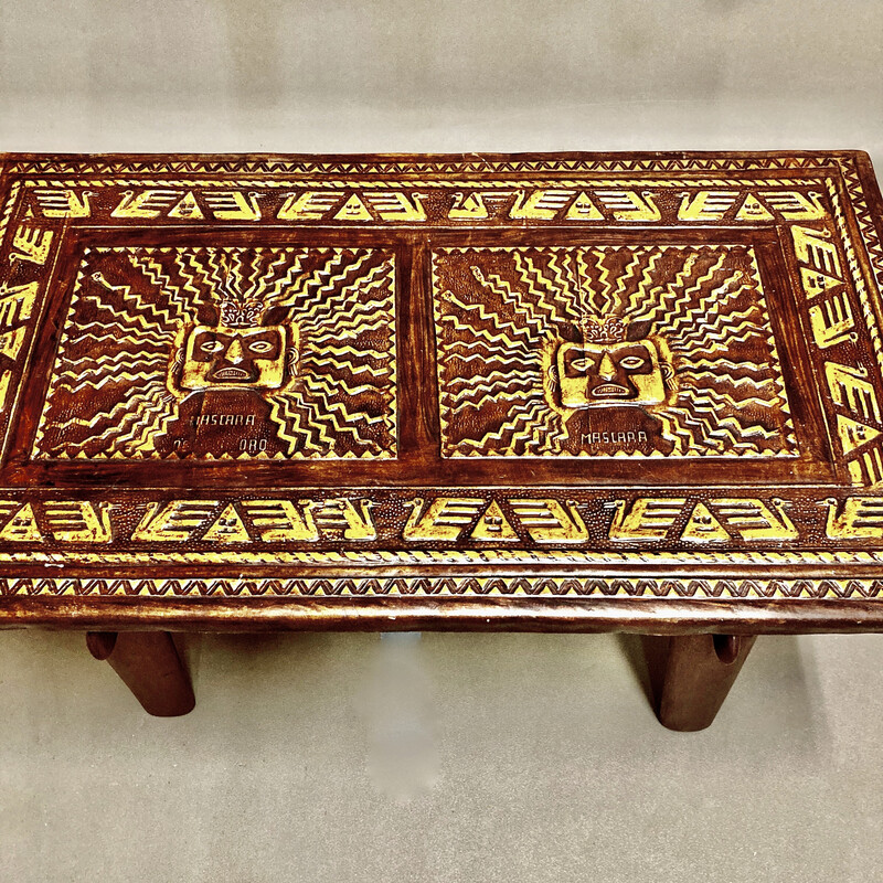 Vintage Angel Pazmino wood and leather coffee table, 1960s