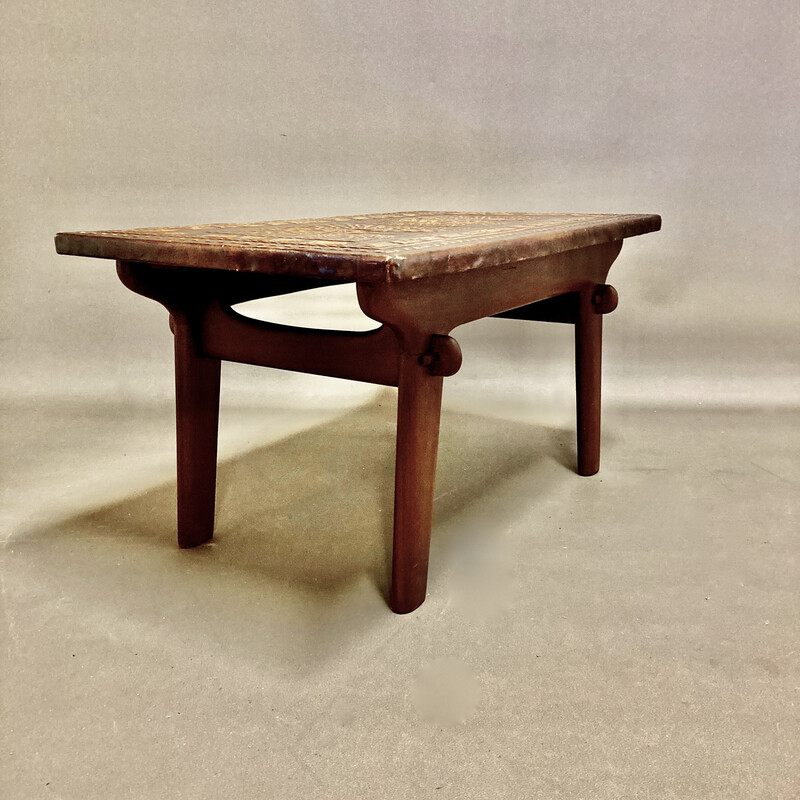 Vintage Angel Pazmino mesa de madeira e de café em couro, 1960