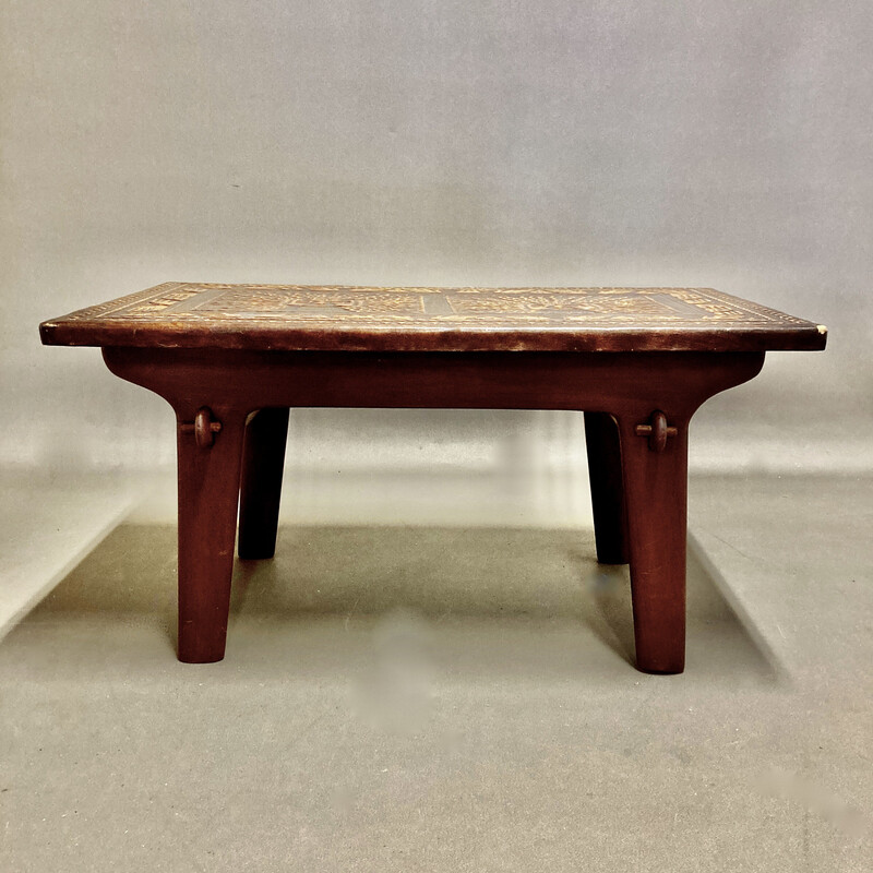 Table basse vintage Angel Pazmino en bois et cuir, 1960