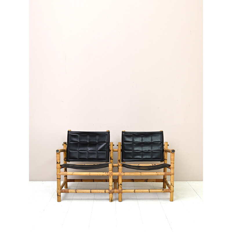 Vintage leather and bamboo sofa