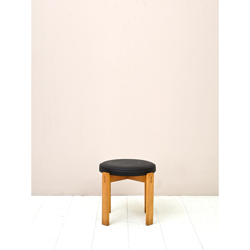 Scandinavian vintage stool in oak wood and leather, 1960s