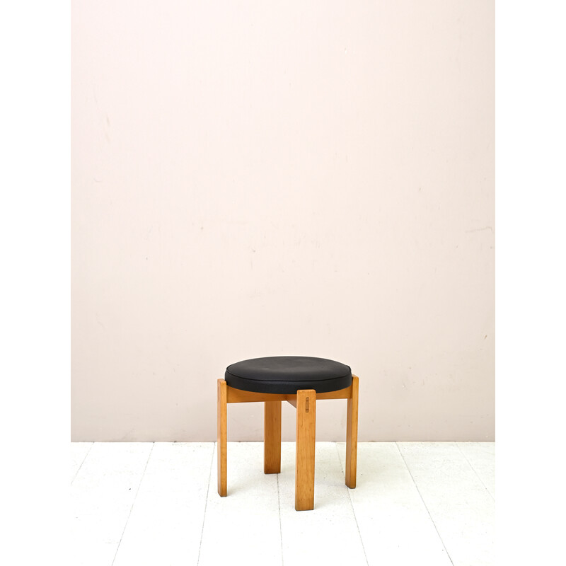 Scandinavian vintage stool in oak wood and leather, 1960s