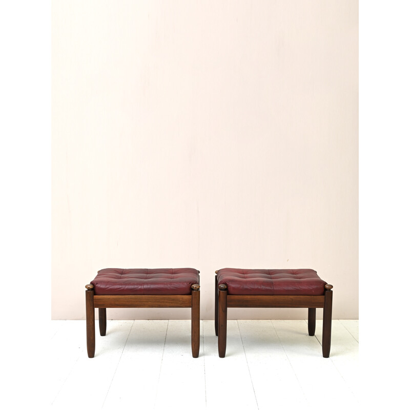 Pair of vintage Danish rosewood and leather poufs, 1960s