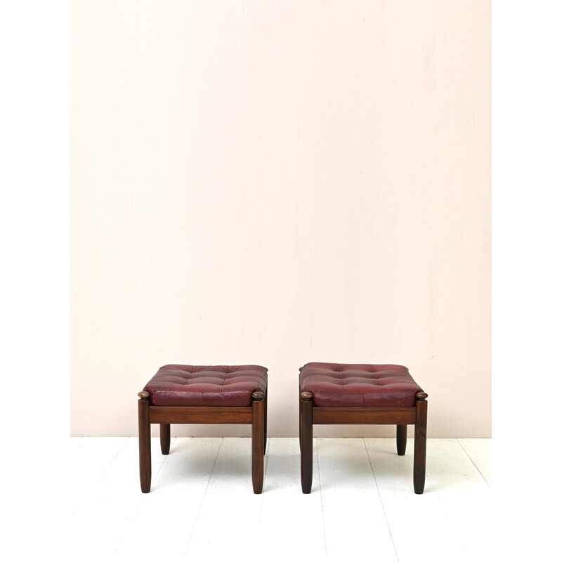 Pair of vintage Danish rosewood and leather poufs, 1960s