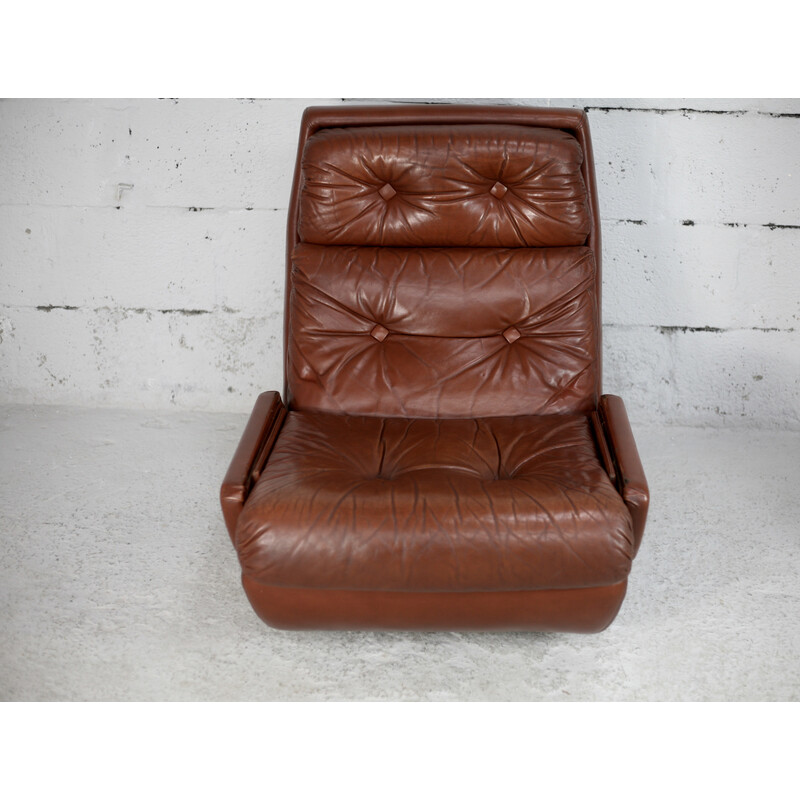 Vintage "space age" lederen fauteuil van Jean Prévost, Frankrijk 1970