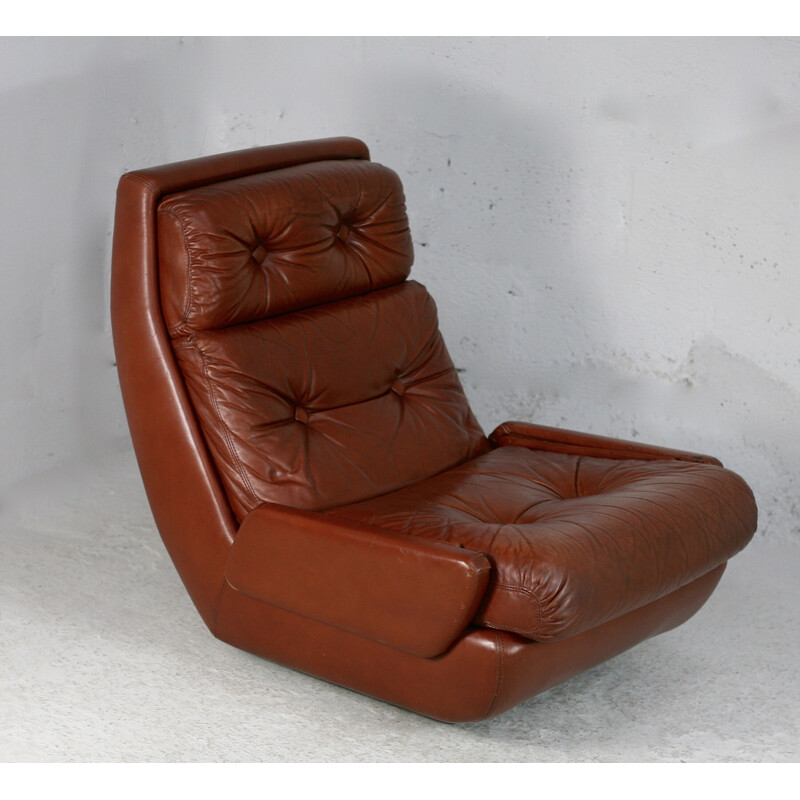 Vintage "space age" lederen fauteuil van Jean Prévost, Frankrijk 1970