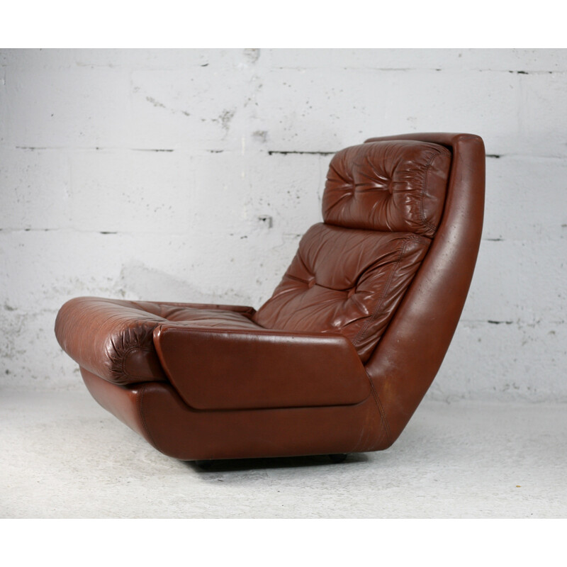 Vintage "space age" lederen fauteuil van Jean Prévost, Frankrijk 1970