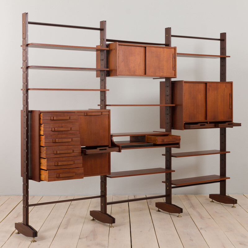 Vintage wall unit in teak, formica and brass by Ico Parisi, Italy 1950s