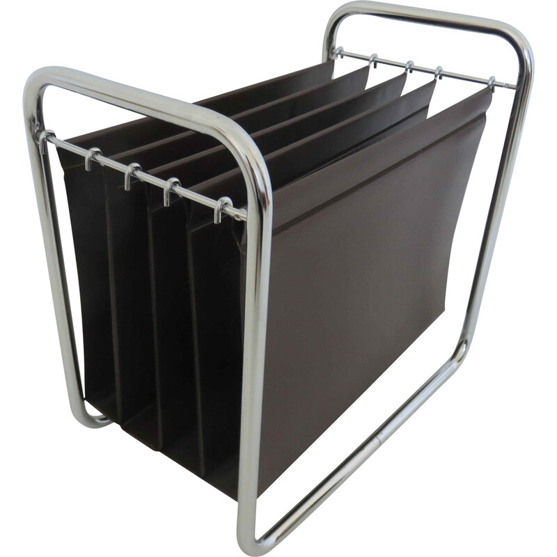 Vintage magazine rack in chromed metal and leatherette, France 1970s