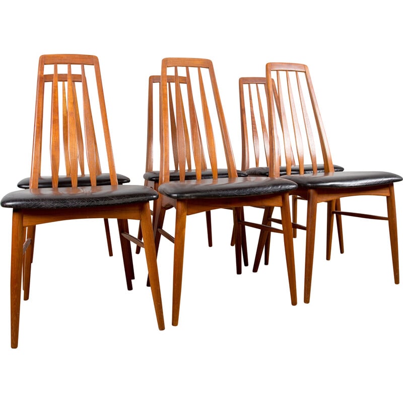 Set van 6 vintage stoelen in teak en zwart skai van Niels Koefeod voor Koefoeds Mobelfabrik, Denemarken 1960