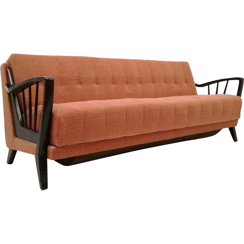 Pink 3-seater folding sofa in ashwood and fabric - 1950s