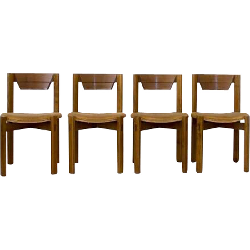 Set of 4 vintage walnut and velvet chairs, 1960s