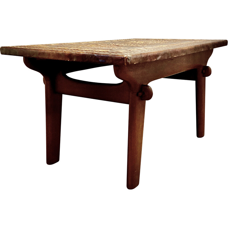 Vintage Angel Pazmino houten en lederen salontafel, 1960