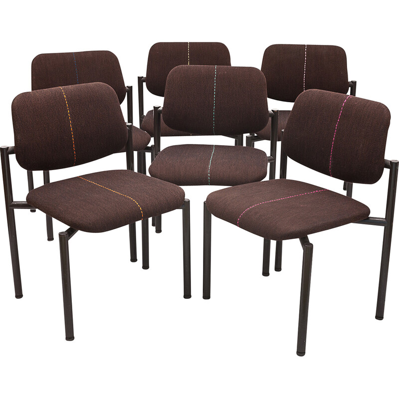 Lot de 6 chaises vintages en tissu et acier, 1970