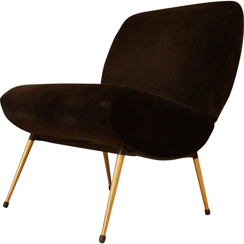 Brown velvet low chair with compass legs - 1950s