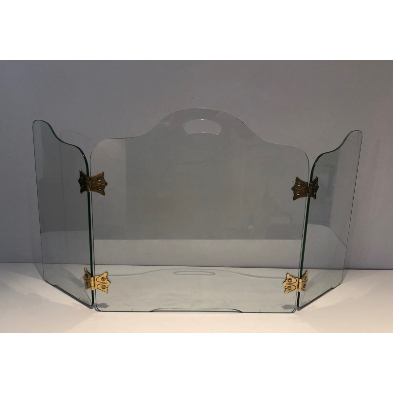 Vintage glass fire screen with bronze hinges, 1970