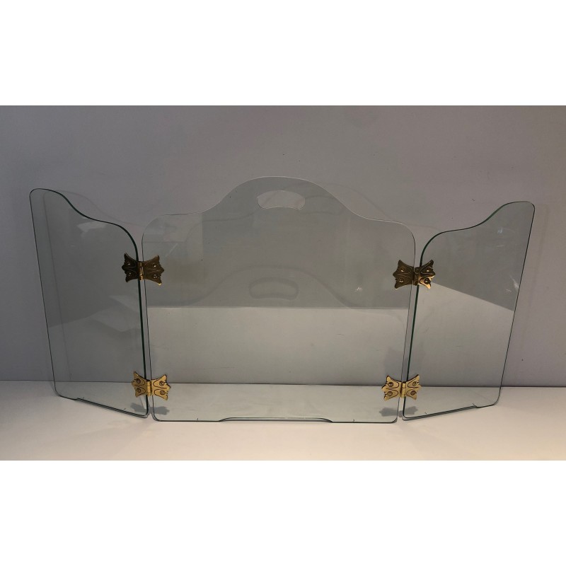 Vintage glass fire screen with bronze hinges, 1970