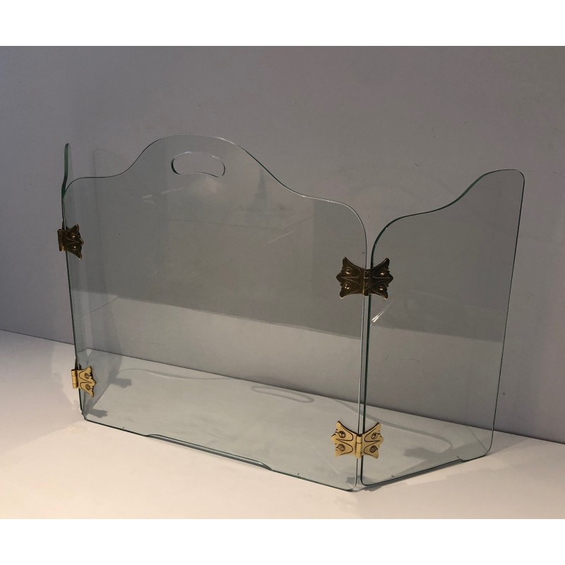 Vintage glass fire screen with bronze hinges, 1970