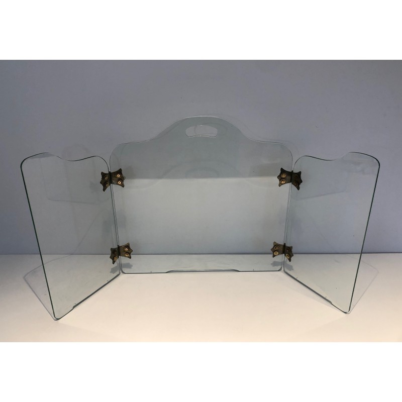 Vintage glass fire screen with bronze hinges, 1970