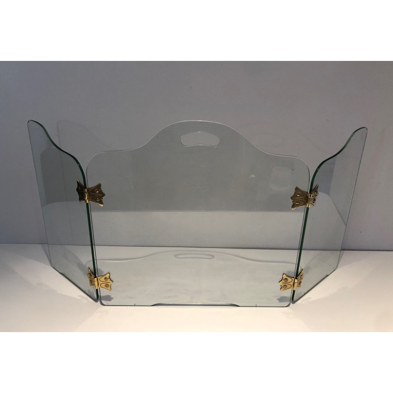 Vintage glass fire screen with bronze hinges, 1970