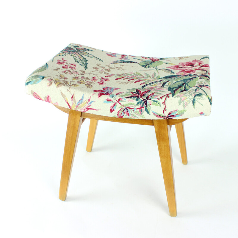 Mid century stool in oakwood and linen by Ton, Czechoslovakia 1960s