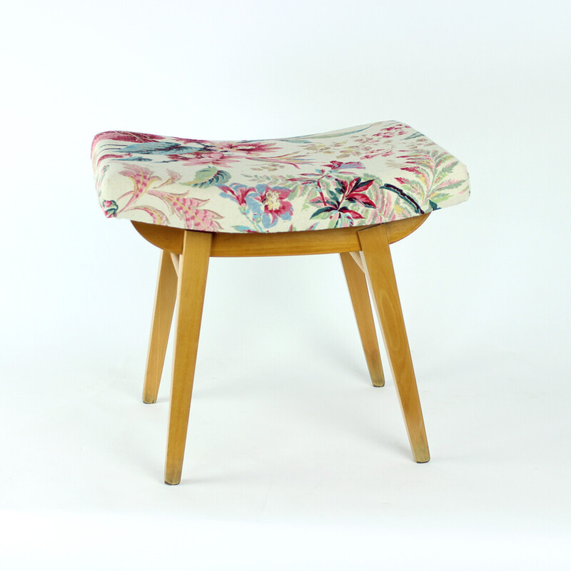 Tabouret vintage en bois de chêne et lin par Ton, Tchécoslovaquie 1960