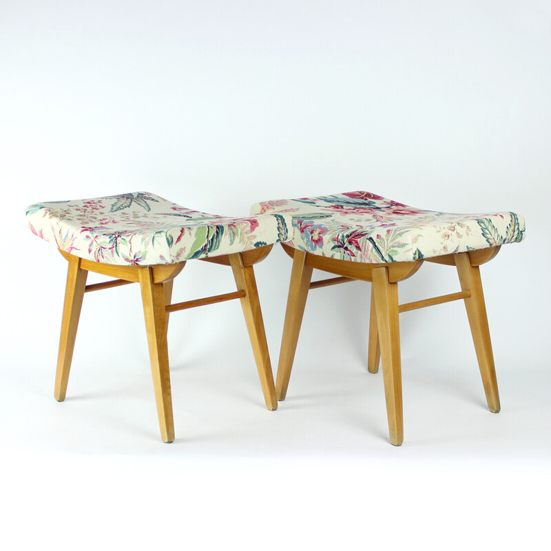 Tabouret vintage en bois de chêne et lin par Ton, Tchécoslovaquie 1960