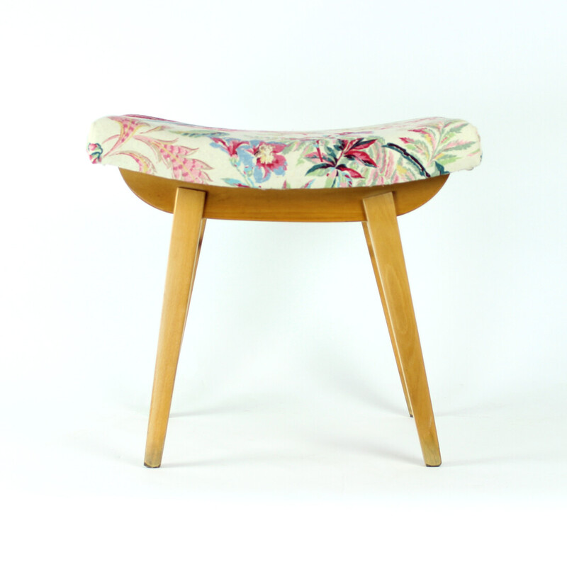 Mid century stool in oakwood and linen by Ton, Czechoslovakia 1960s