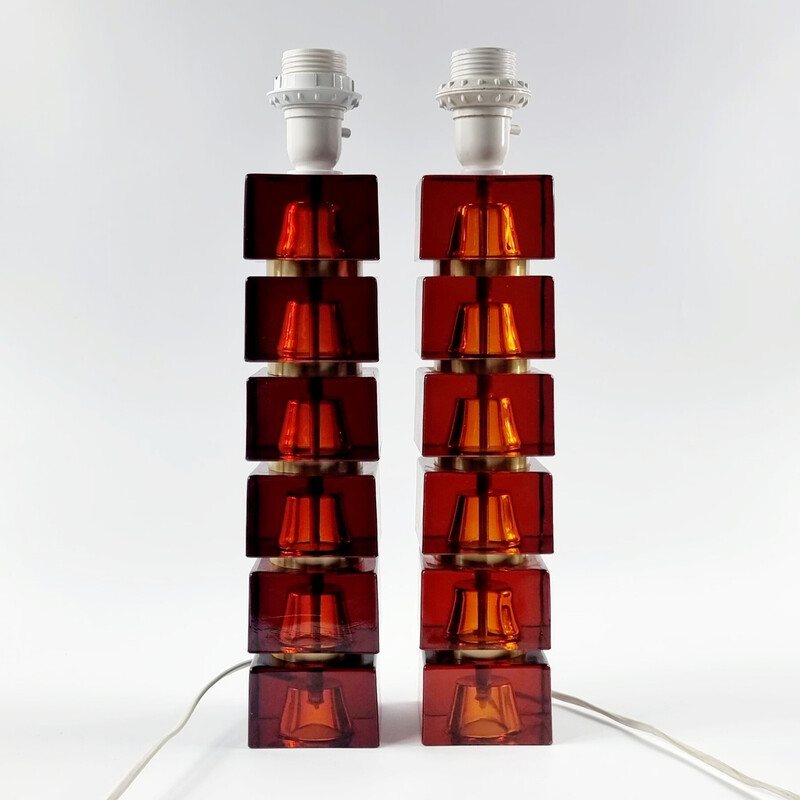 Coppia di lampade da tavolo vintage in vetro e ottone di Carl Fagerlund per Orrefors, Svezia 1960