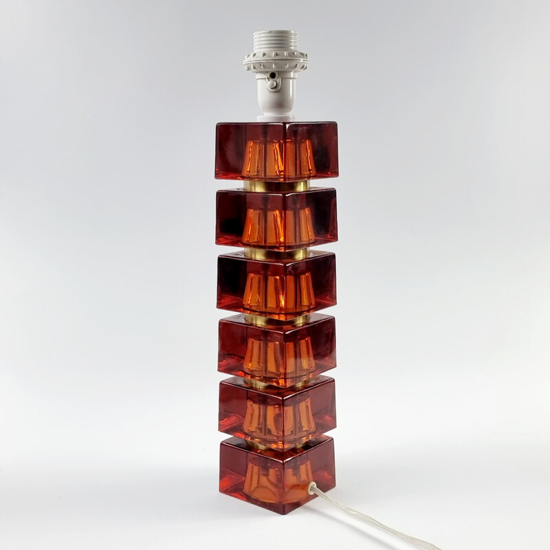 Pareja de lámparas de sobremesa vintage de cristal y latón de Carl Fagerlund para Orrefors, Suecia Años 60