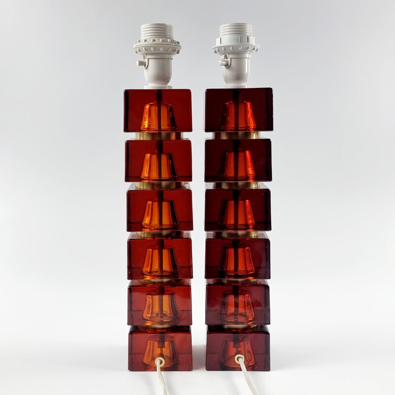 Pair of vintage glass and brass table lamps by Carl Fagerlund for Orrefors, Sweden 1960s