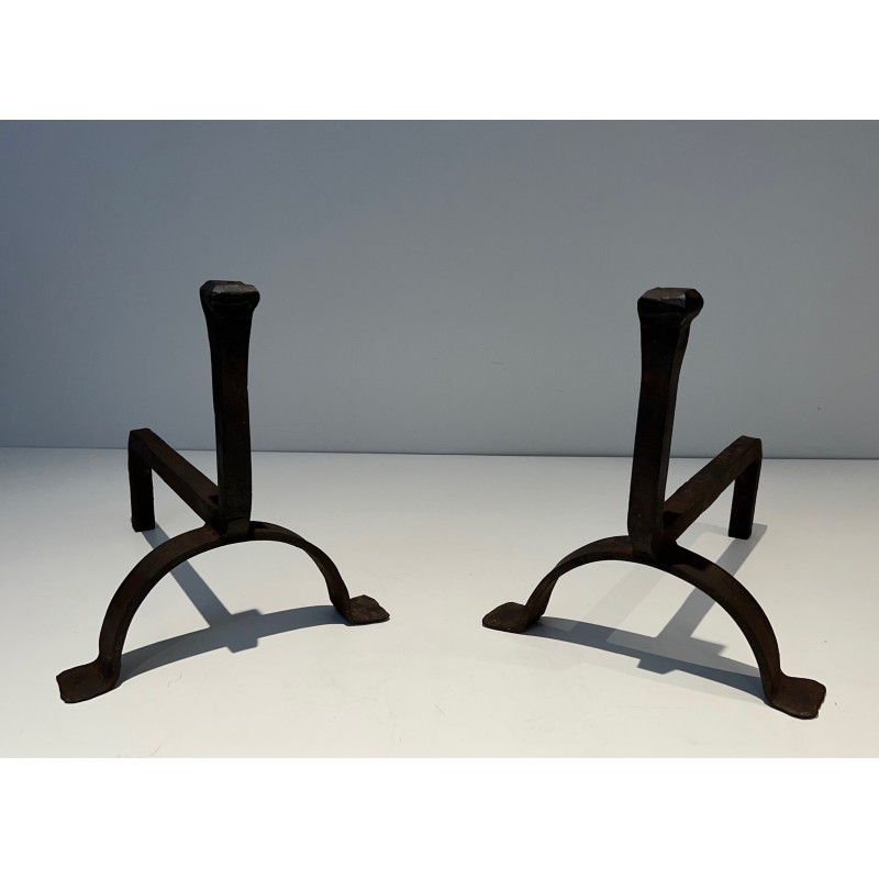 Pair of vintage cast iron and wrought iron andirons, France 1970s