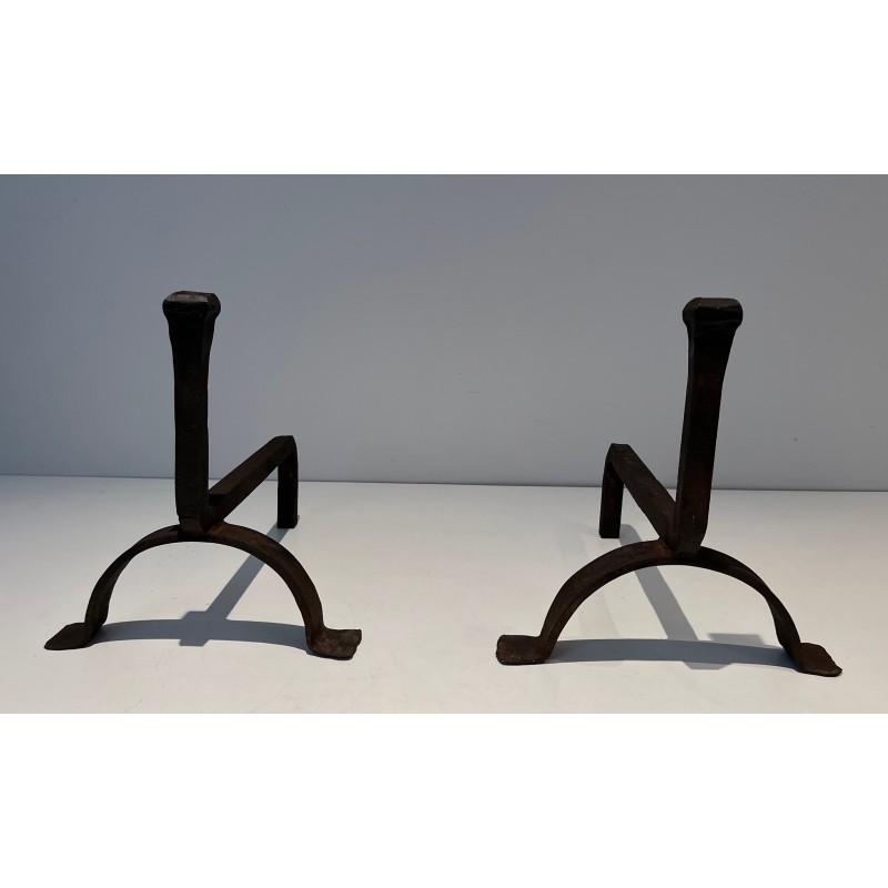 Pair of vintage cast iron and wrought iron andirons, France 1970s