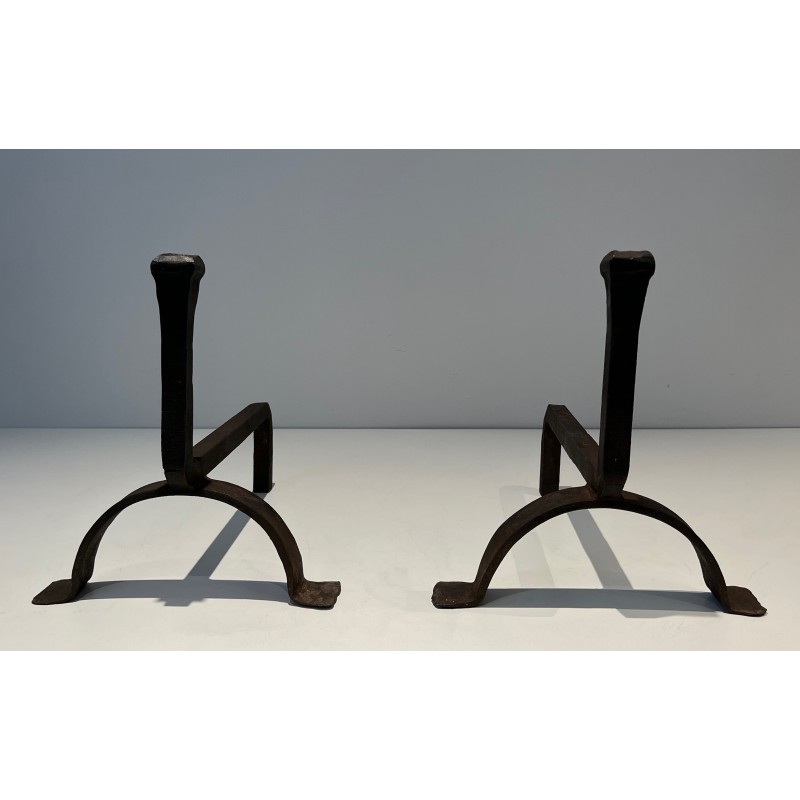 Pair of vintage cast iron and wrought iron andirons, France 1970s