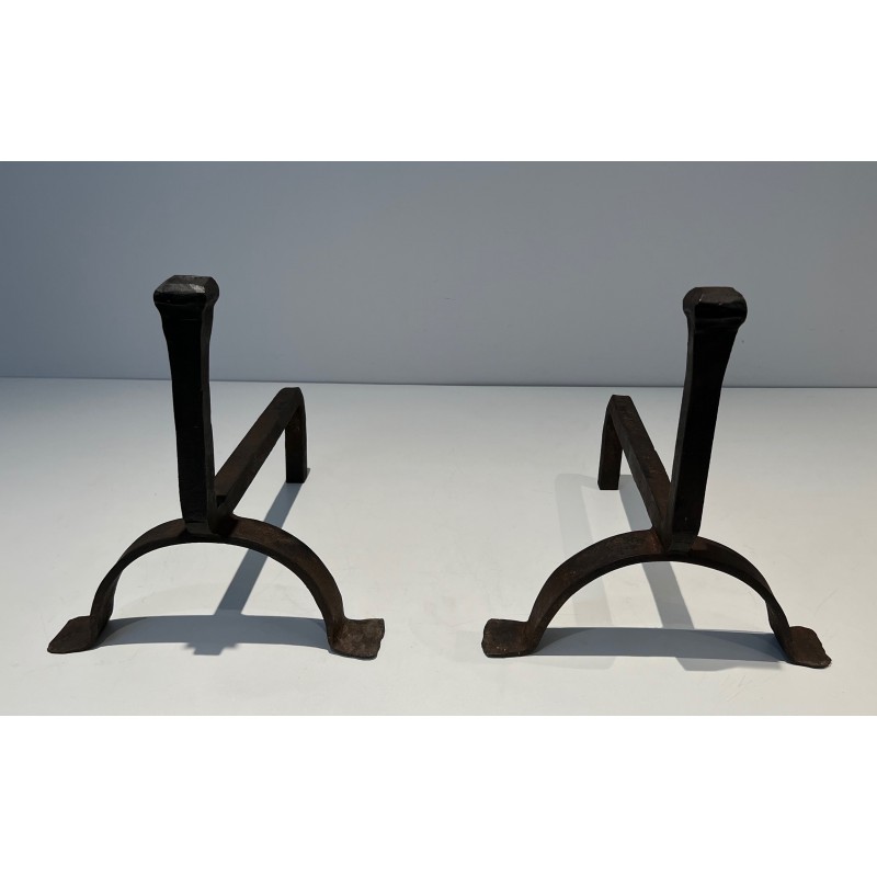 Pair of vintage cast iron and wrought iron andirons, France 1970s