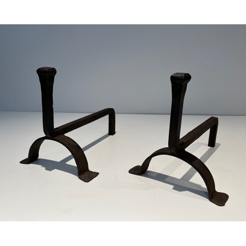 Pair of vintage cast iron and wrought iron andirons, France 1970s