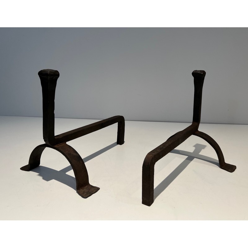 Pair of vintage cast iron and wrought iron andirons, France 1970s