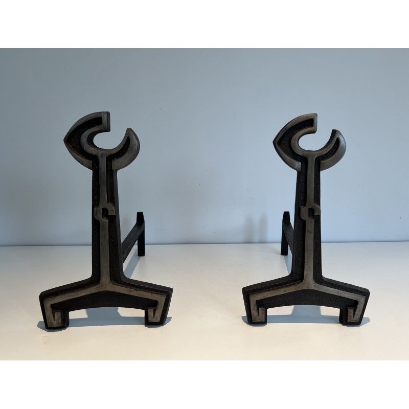 Pair of modernist vintage andirons in cast iron and wrought iron, France 1950s