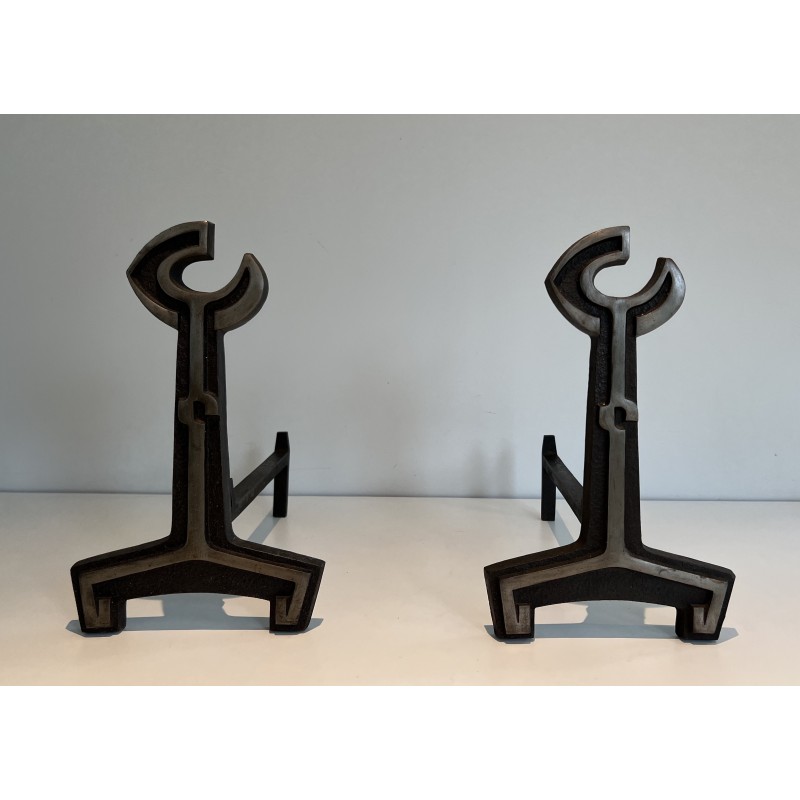 Pair of modernist vintage andirons in cast iron and wrought iron, France 1950s