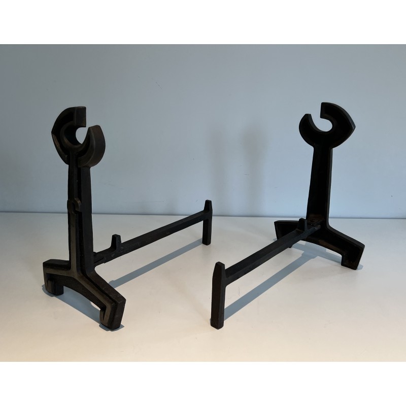 Pair of modernist vintage andirons in cast iron and wrought iron, France 1950s