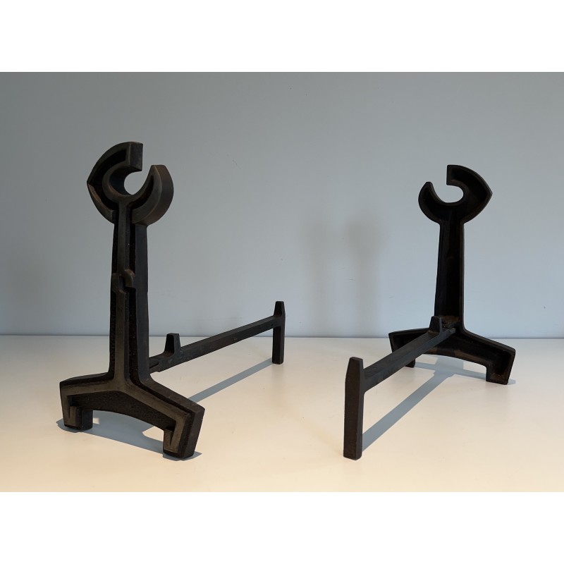 Pair of modernist vintage andirons in cast iron and wrought iron, France 1950s