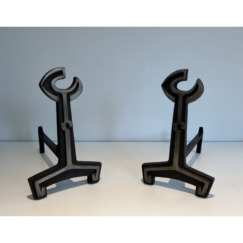 Pair of modernist vintage andirons in cast iron and wrought iron, France 1950s