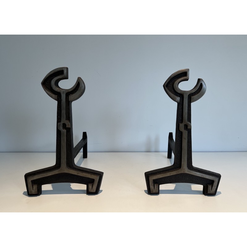 Pair of modernist vintage andirons in cast iron and wrought iron, France 1950s