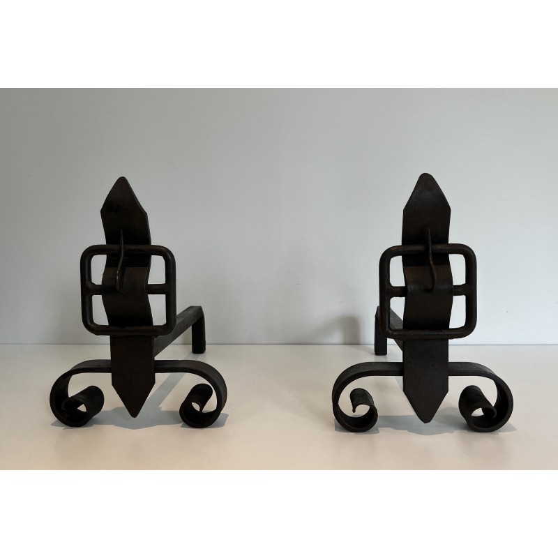 Pair of vintage modernist andirons, France 1950s