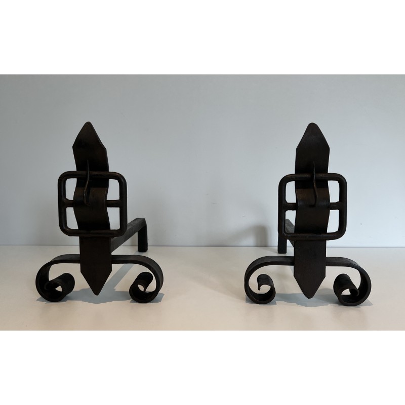 Pair of vintage modernist andirons, France 1950s