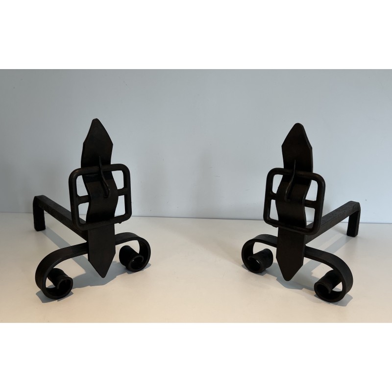 Pair of vintage modernist andirons, France 1950s